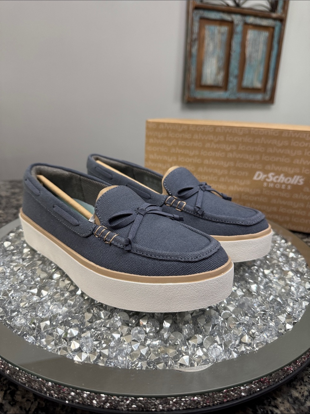 Dr. Scholl's Navy Canvas Platform Slip-On Loafers with Tan Trim NEW 7.5